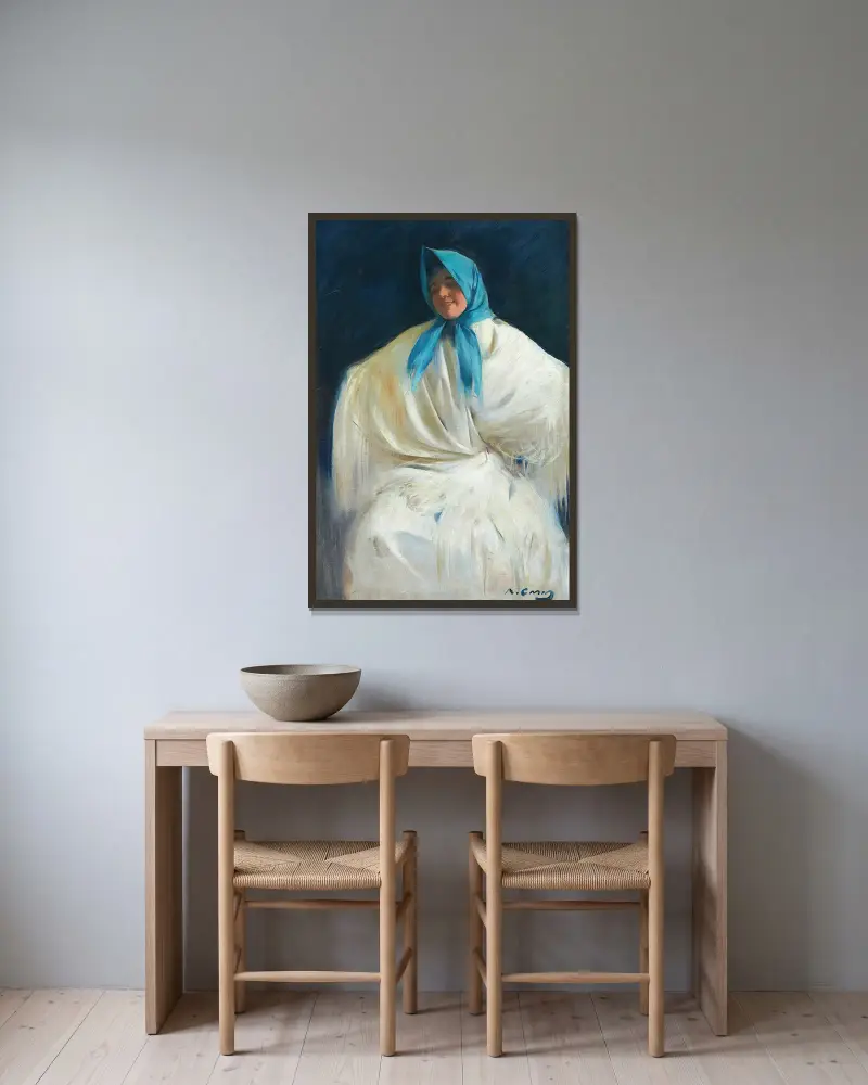 Chula con Pañuelo Azul (Mädchen mit blauem Halstuch) von Ramón Casas gerahmt an einer Wand
