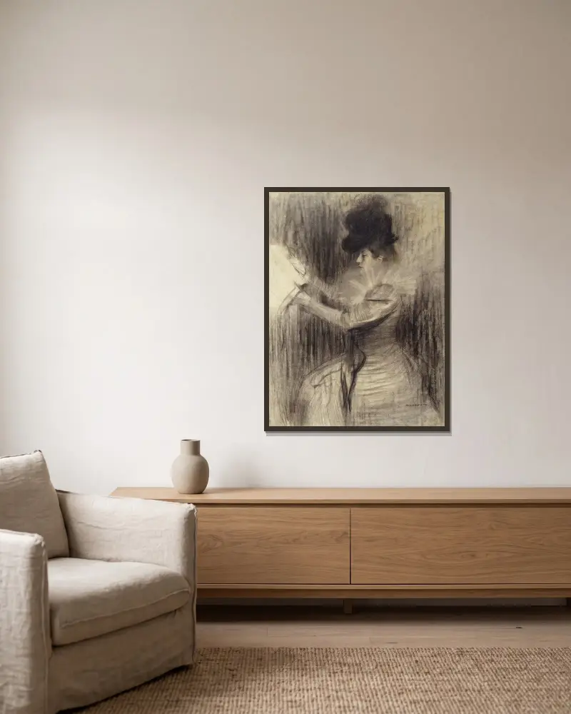 Weibliche Figur von Ramón Casas gerahmt an einer Wand