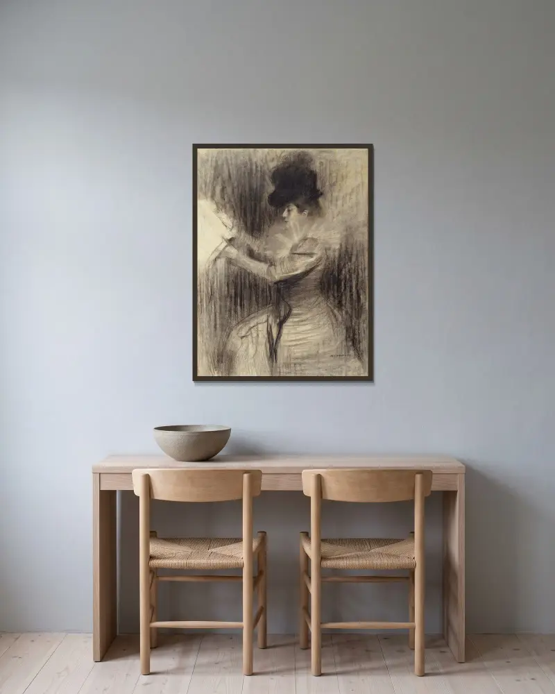 Weibliche Figur von Ramón Casas gerahmt an einer Wand