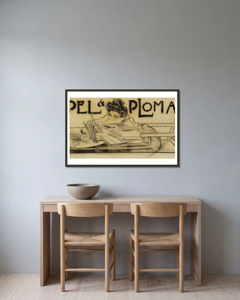 Vinjett för tidskriften ”Pèl i Ploma” av Ramón Casas inramad på en vägg