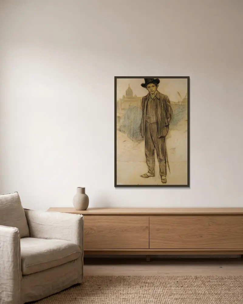 Porträtt av Pablo Picasso av Ramón Casas inramad på en vägg