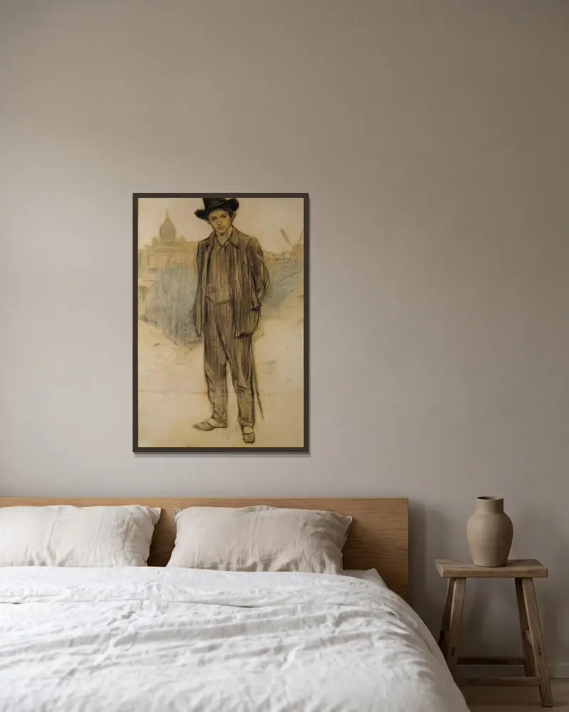 Porträtt av Pablo Picasso av Ramón Casas inramad på en vägg