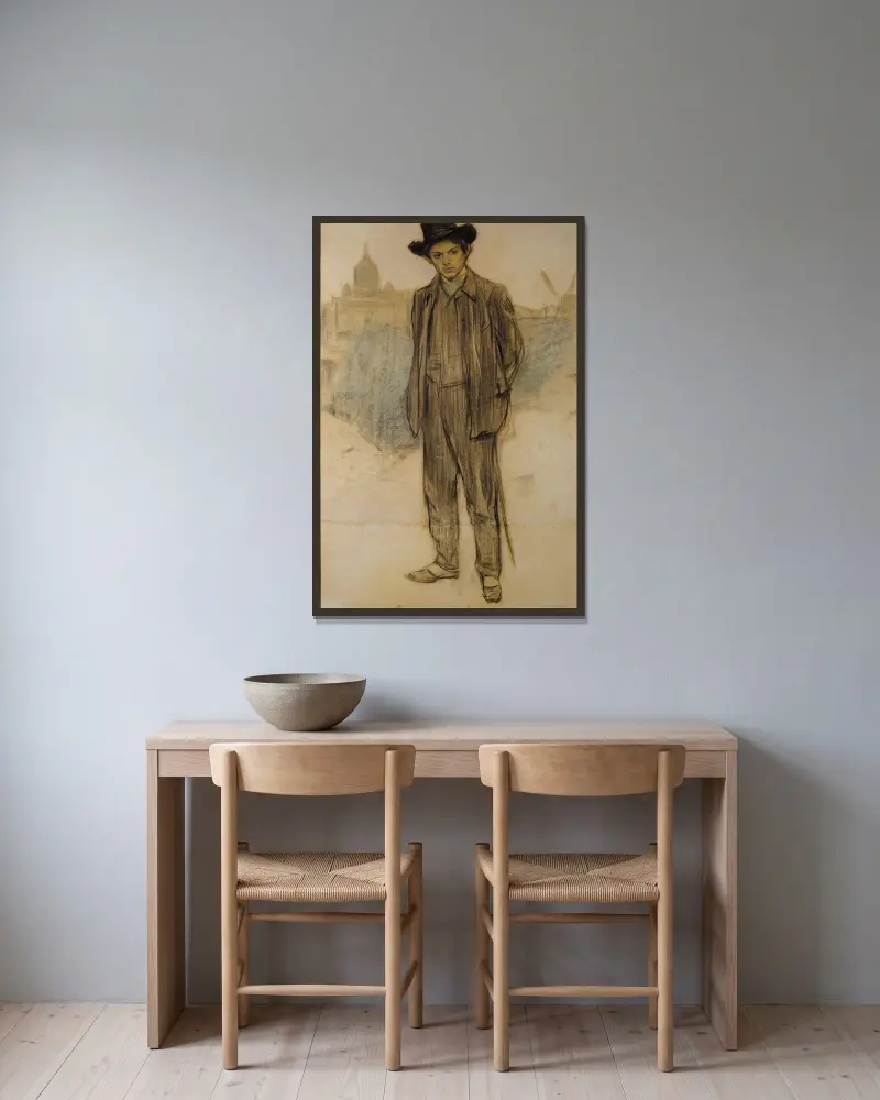 Porträtt av Pablo Picasso av Ramón Casas inramad på en vägg