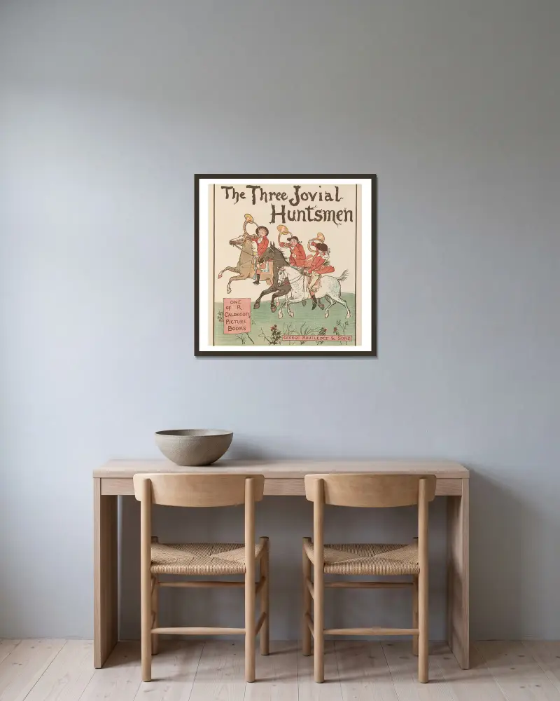 De tre muntra jägarna, plansch 1 av Randolph Caldecott inramad på en vägg