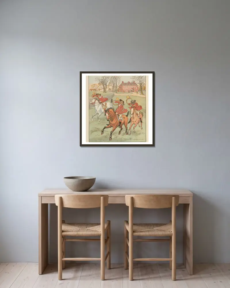 De tre glada jägarna, plansch 2 av Randolph Caldecott inramad på en vägg
