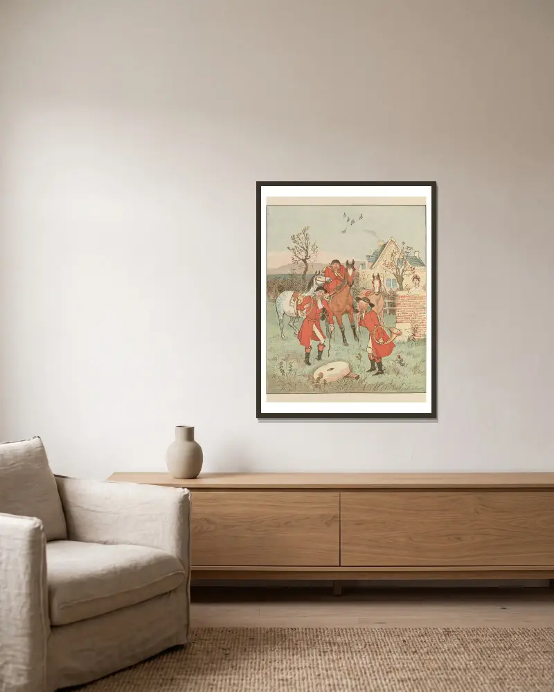 The Three Jovial Huntsmen Pl.4 av Randolph Caldecott inramad på en vägg