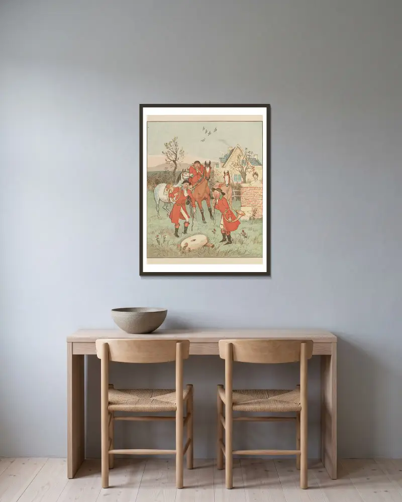The Three Jovial Huntsmen Pl.4 av Randolph Caldecott inramad på en vägg