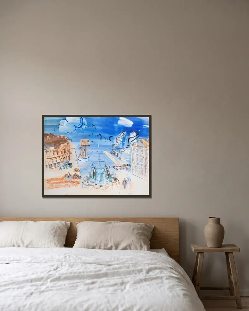 Komposition med hamn och fontän av Raoul Dufy inramad på en vägg