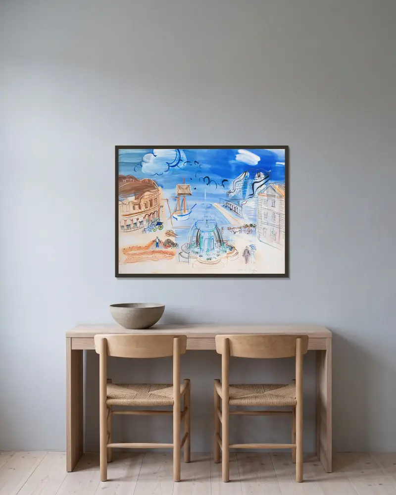 Komposition med hamn och fontän av Raoul Dufy inramad på en vägg