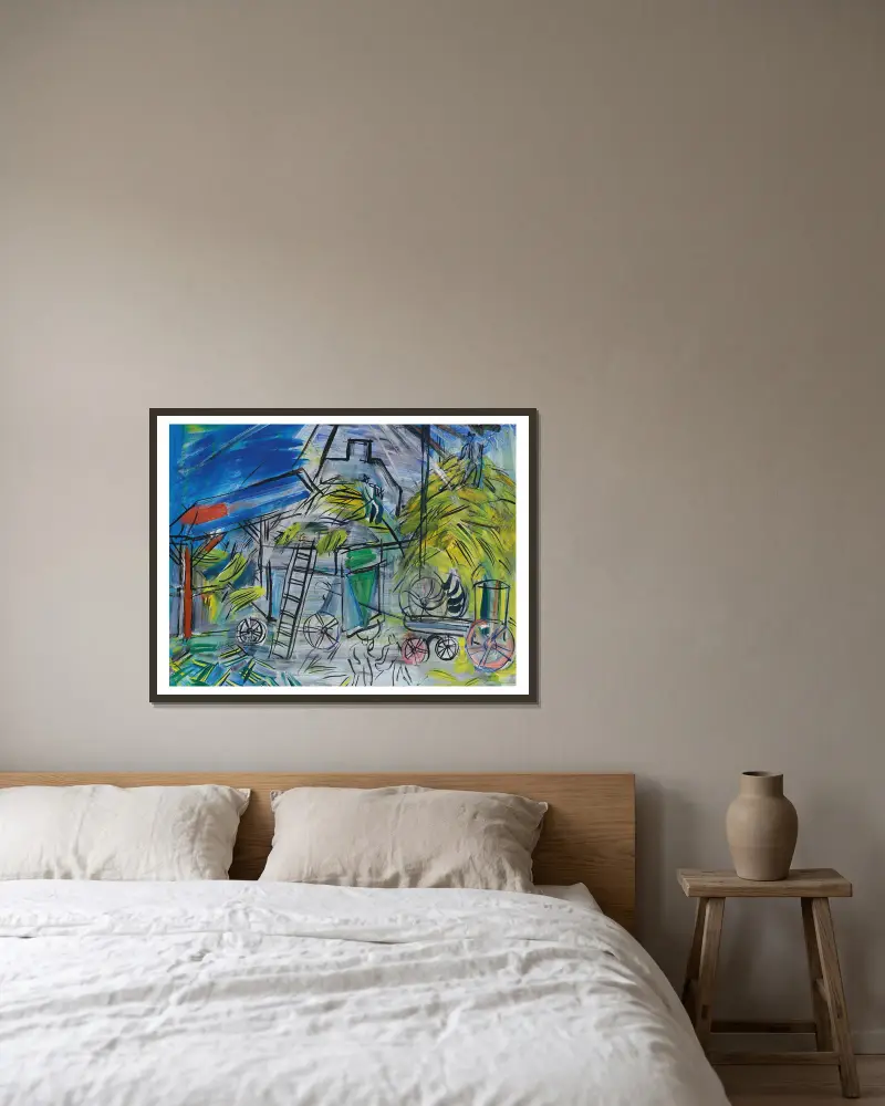 Tröskning under stormig himmel av Raoul Dufy inramad på en vägg