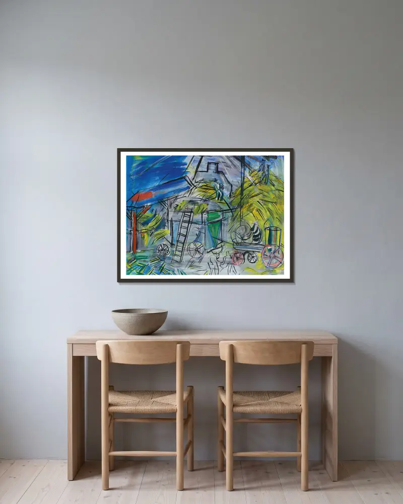 Tröskning under stormig himmel av Raoul Dufy inramad på en vägg