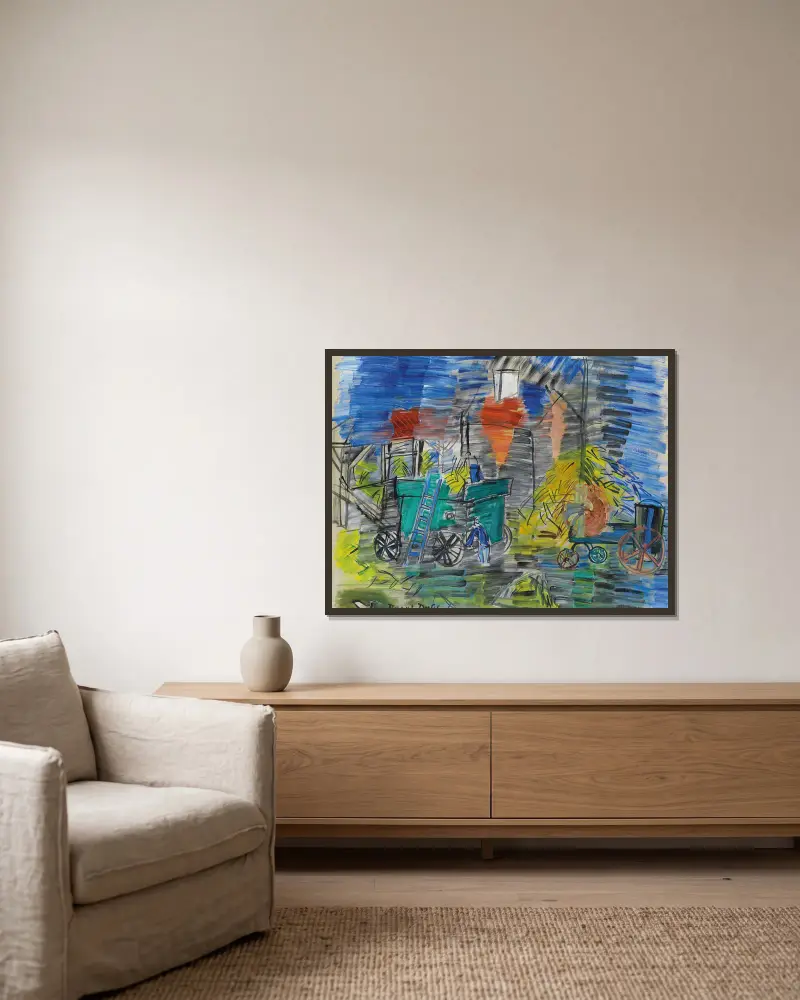 Le dépiquage bleu av Raoul Dufy inramad på en vägg