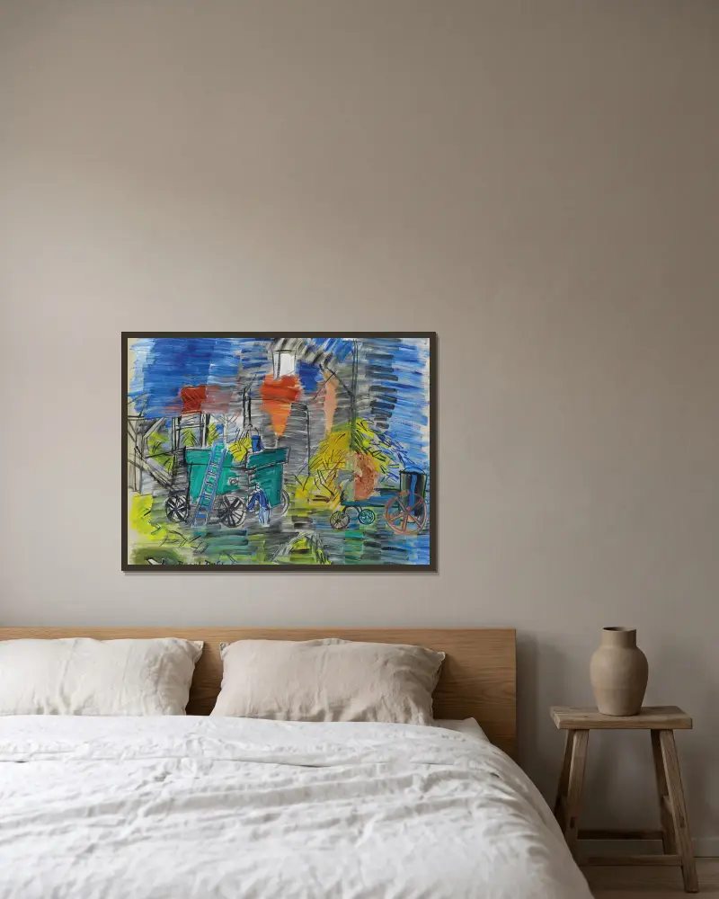 Le dépiquage bleu av Raoul Dufy inramad på en vägg