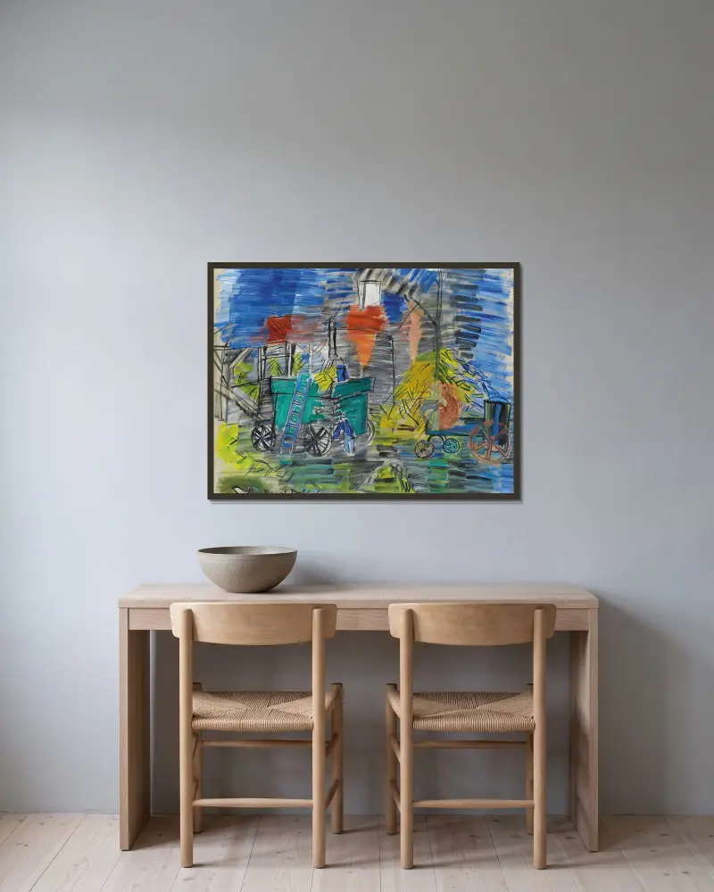 Le dépiquage bleu av Raoul Dufy inramad på en vägg