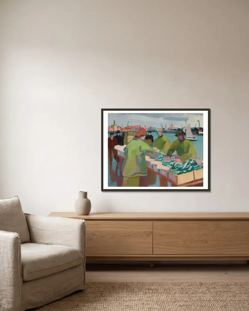 Le marché aux poissons av Raoul Dufy inramad på en vägg