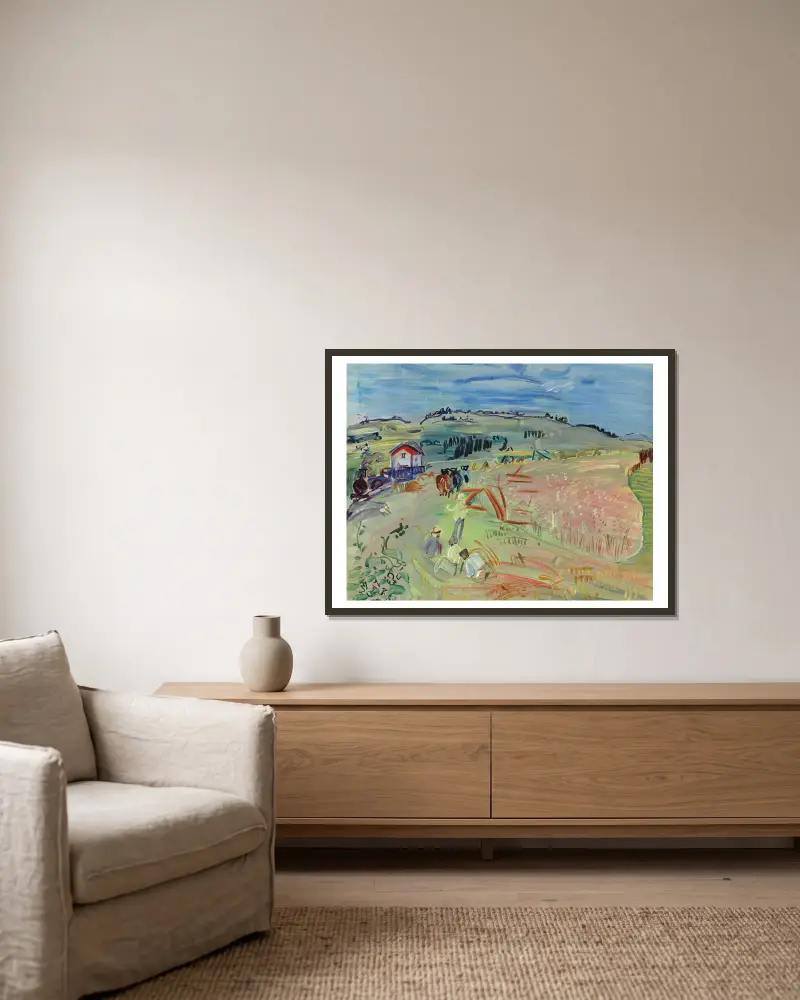 Landskap med vetefält och oxar av Raoul Dufy inramad på en vägg