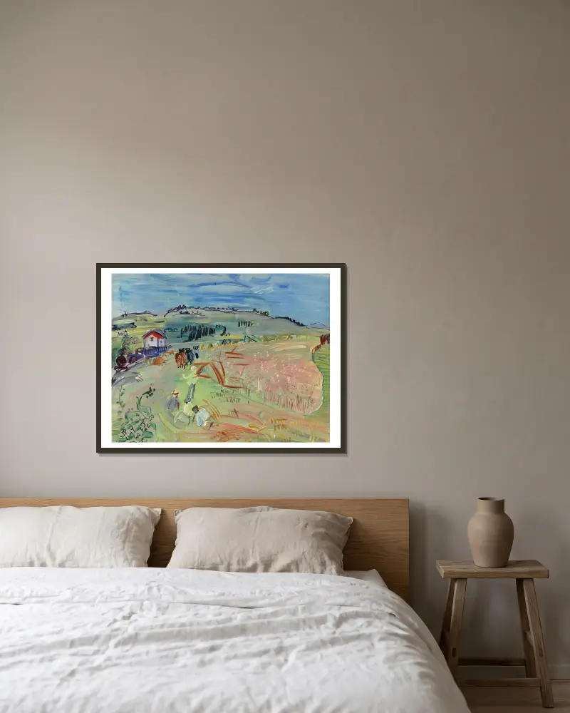 Landskap med vetefält och oxar av Raoul Dufy inramad på en vägg