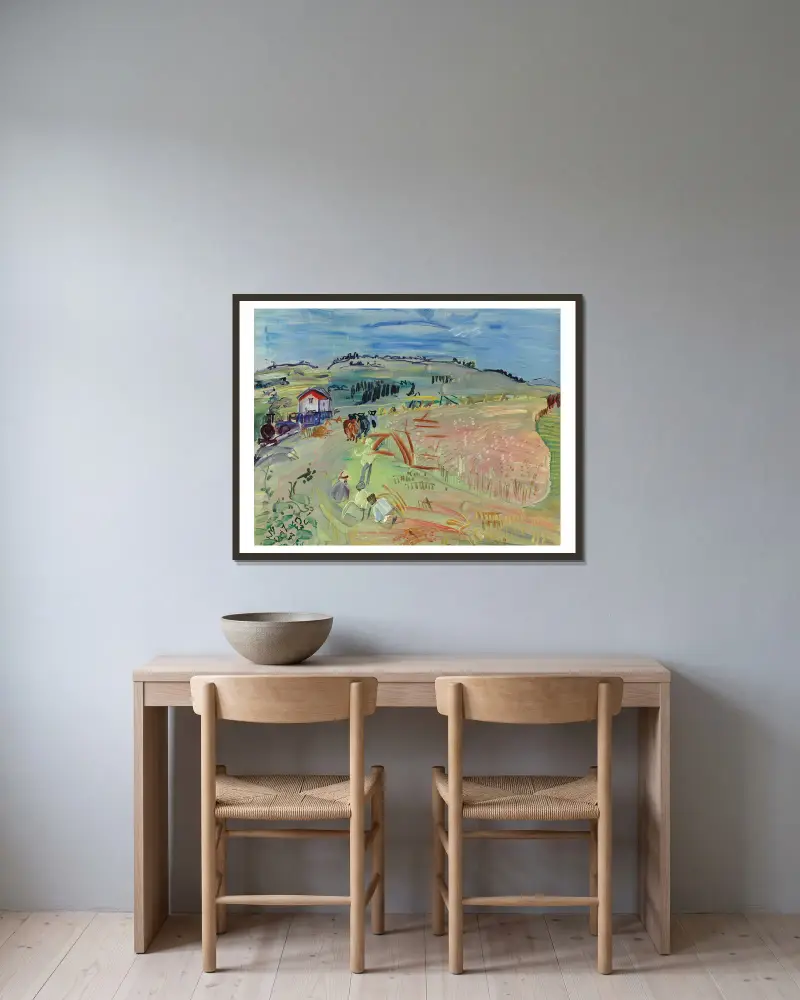 Landskap med vetefält och oxar av Raoul Dufy inramad på en vägg