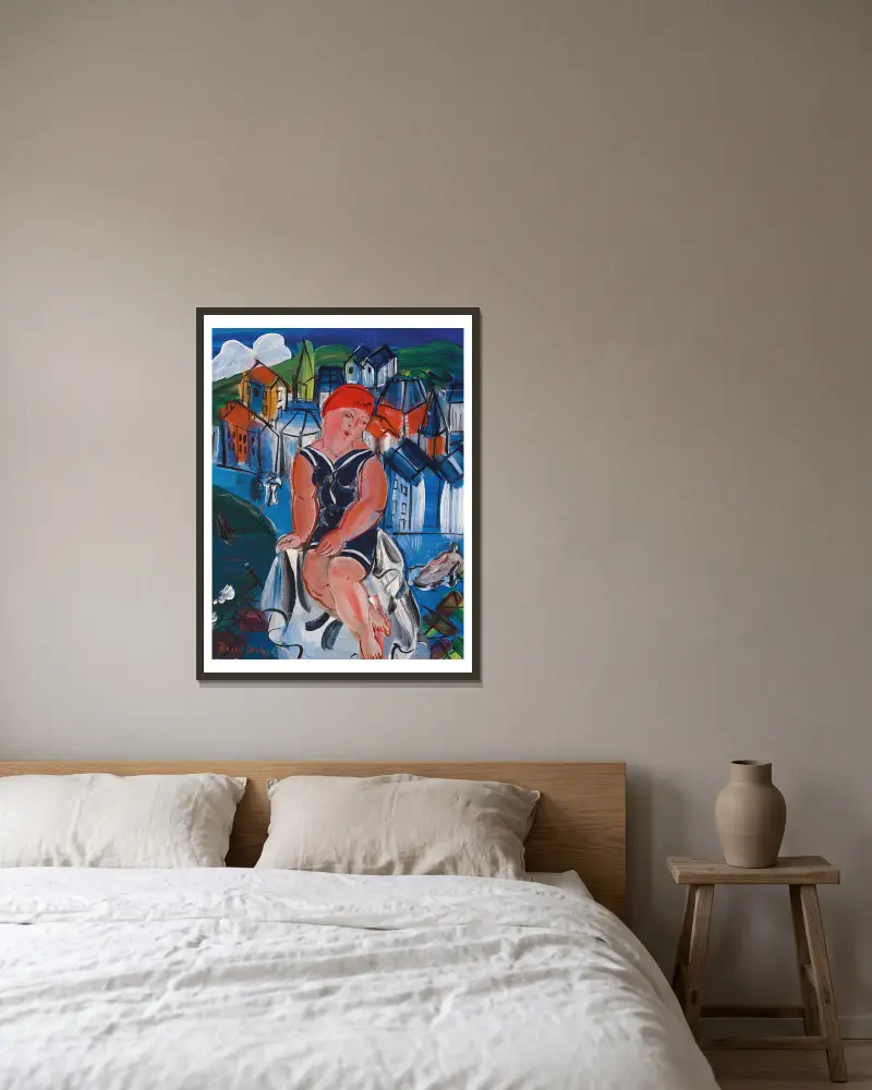 Liten badande flicka vid Sainte-Adresse av Raoul Dufy inramad på en vägg