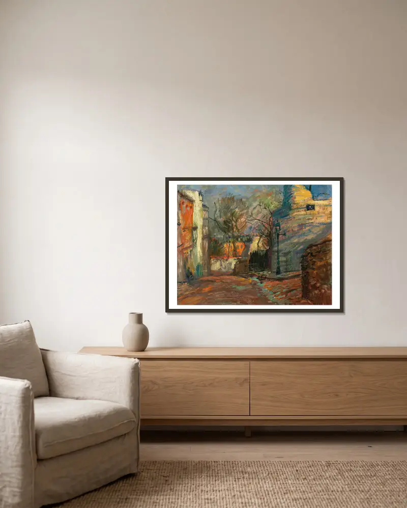 Gata i Montmartre av Raoul Dufy inramad på en vägg