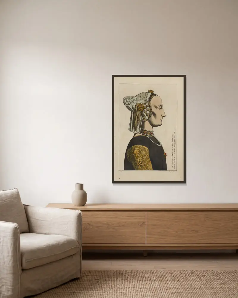 Battista Sforza de Montefeltro, hertiginna av Urbino. 1470. Tavla av Piero della Francesca i Uffizierna i Florens. av Raphaël Jacquemin inramad på en vägg