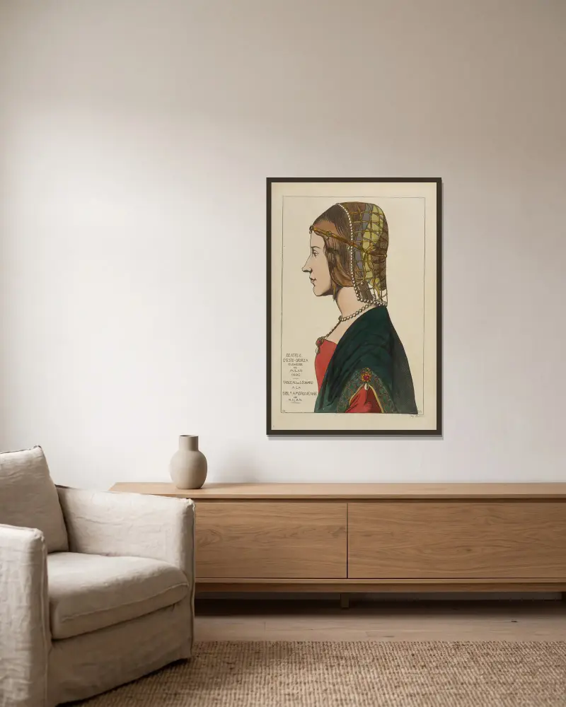 Beatrice d'Este-Sforza, hertiginna av Milano 1490. Tavla av Leonardo i Ambrosianska biblioteket i Milano. av Raphaël Jacquemin inramad på en vägg