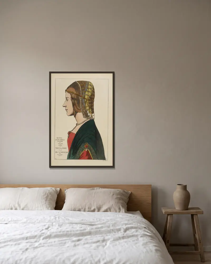 Beatrice d'Este-Sforza, hertiginna av Milano 1490. Tavla av Leonardo i Ambrosianska biblioteket i Milano. av Raphaël Jacquemin inramad på en vägg