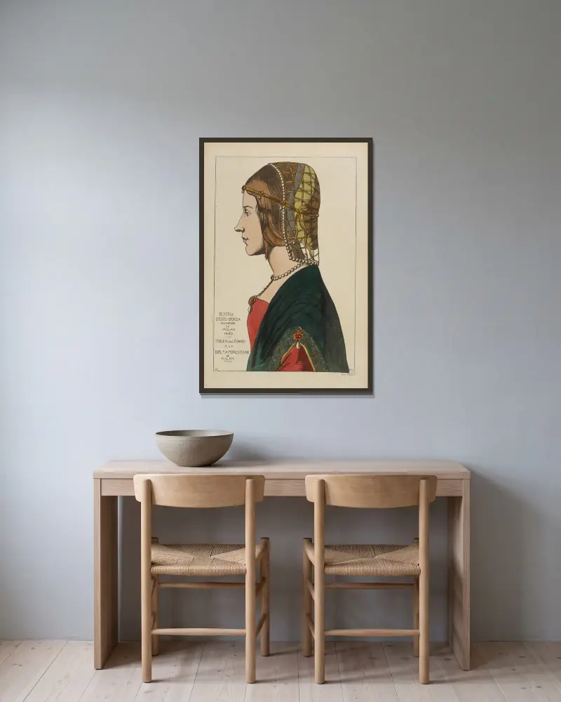 Beatrice d'Este-Sforza, hertiginna av Milano 1490. Tavla av Leonardo i Ambrosianska biblioteket i Milano. av Raphaël Jacquemin inramad på en vägg