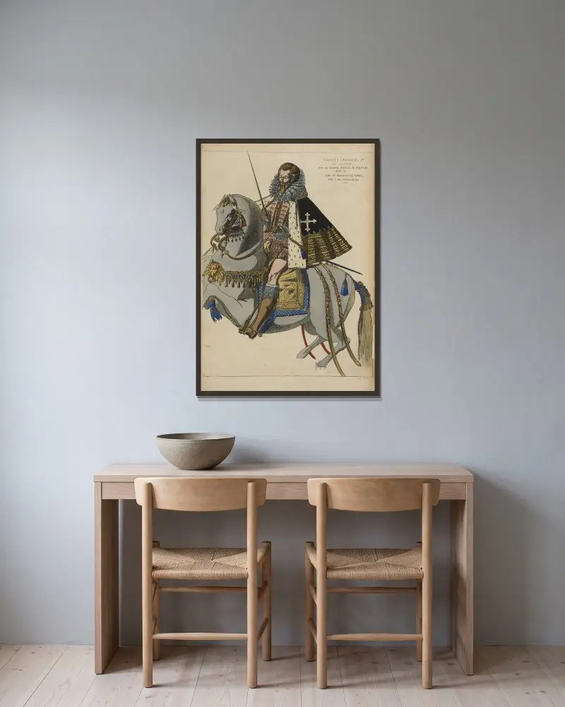 Karl Emanuel I., genannt der Große, Herzog von Savoyen, Fürst von Piemont 1600–12. Nach einem zeitgenössischen Porträt von J. de Fornazeris von Raphaël Jacquemin gerahmt an einer Wand