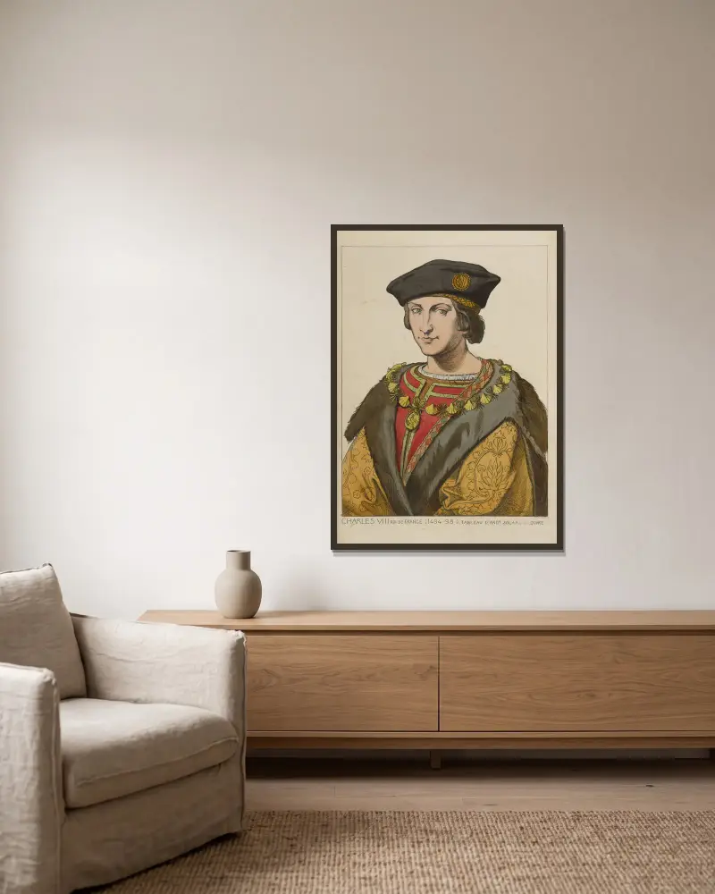 Karl VIII, kung av Frankrike (1494–98). Målning av Andrea Solari, i Louvren. av Raphaël Jacquemin inramad på en vägg
