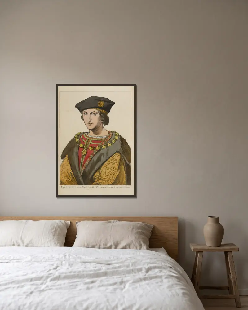 Karl VIII, kung av Frankrike (1494–98). Målning av Andrea Solari, i Louvren. av Raphaël Jacquemin inramad på en vägg