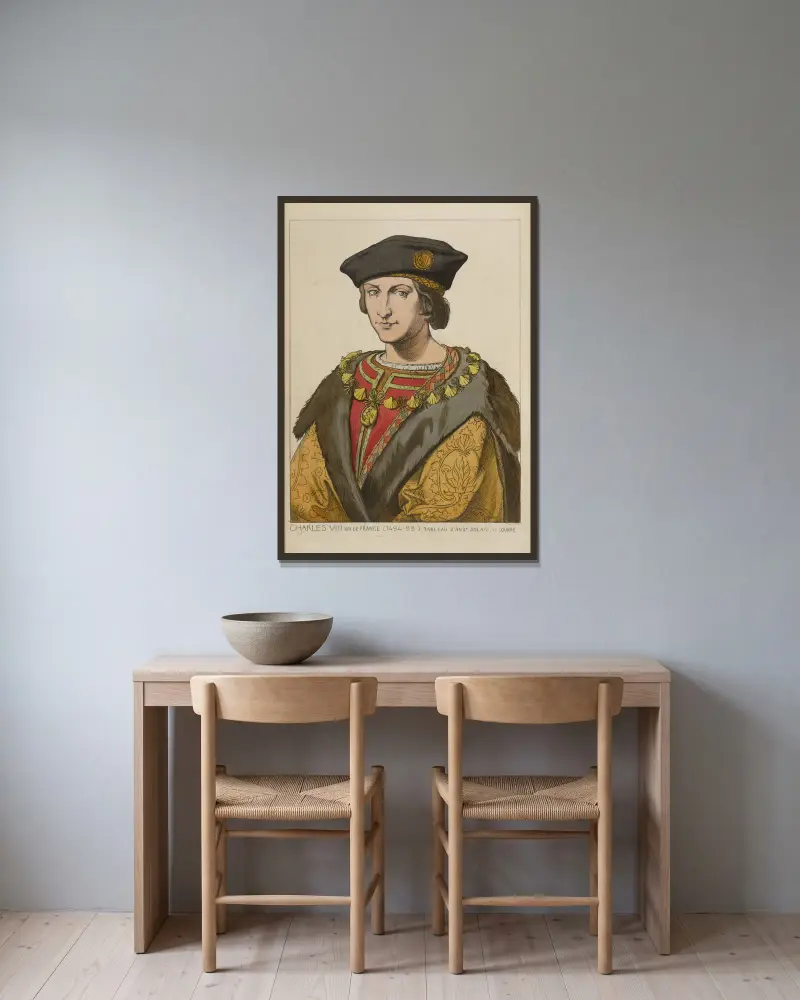 Karl VIII, kung av Frankrike (1494–98). Målning av Andrea Solari, i Louvren. av Raphaël Jacquemin inramad på en vägg