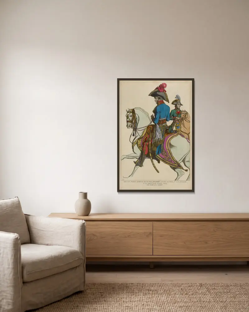 Joachim Murat general de division, comandant la place de Paris, et le Gl. Bessiere, a la revue du 1er consul 1800 av Raphaël Jacquemin inramad på en vägg