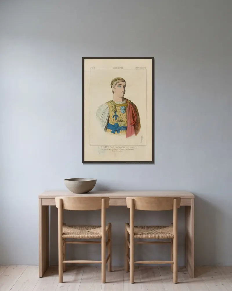 Kejsar Honorius (420), marmor från epoken. Louvren. Opublicerad teckning av Raphaël Jacquemin inramad på en vägg