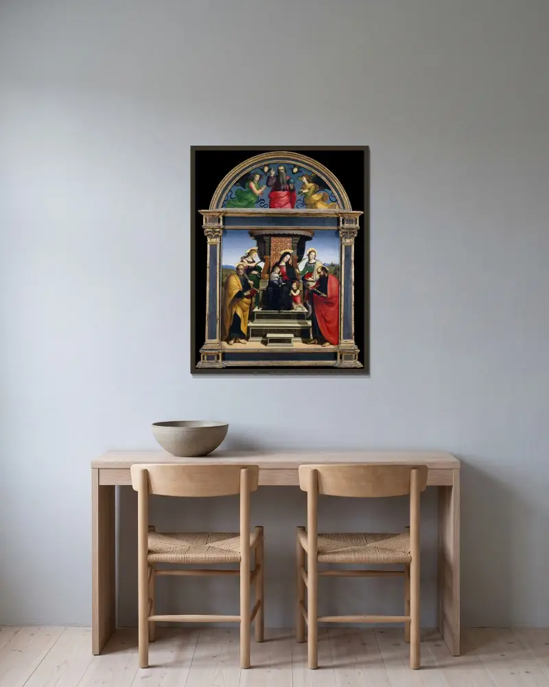 Madonna mit Kind auf dem Thron mit Heiligen von Raphael gerahmt an einer Wand