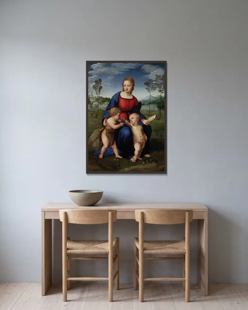 Madonna Del Cardellino av Raphael inramad på en vägg