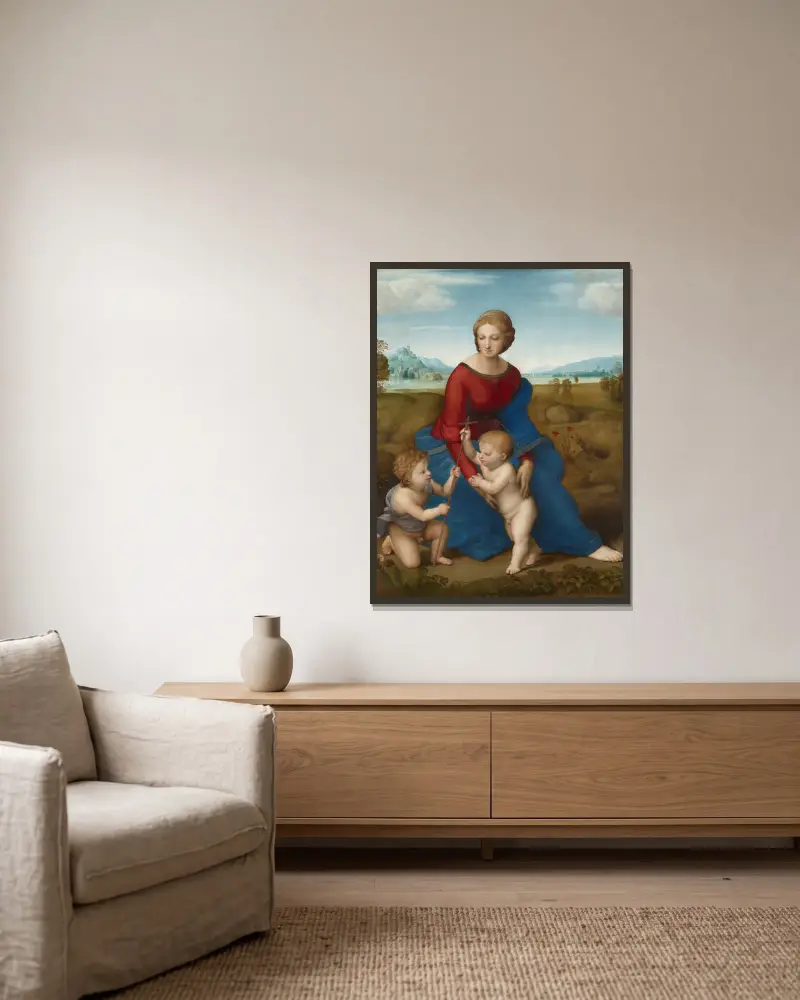 Madonna im Grünen von Raphael gerahmt an einer Wand