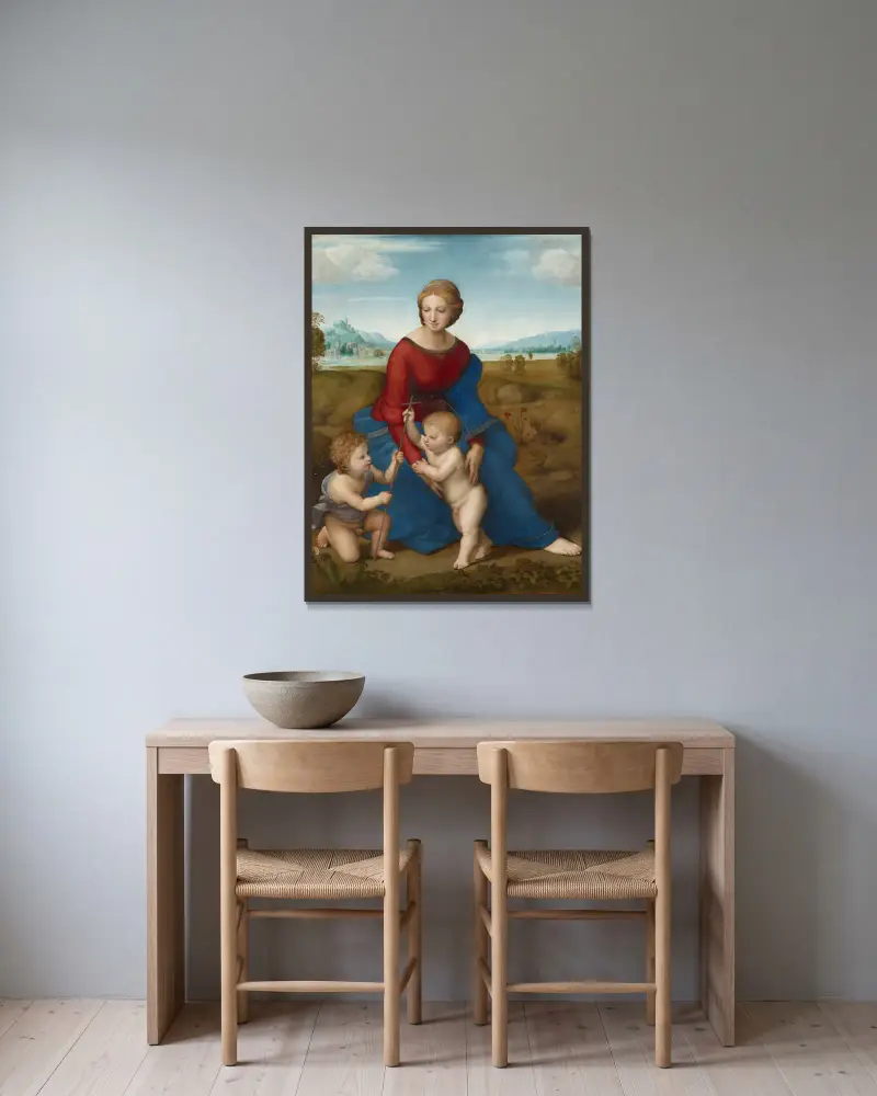 Madonna im Grünen von Raphael gerahmt an einer Wand