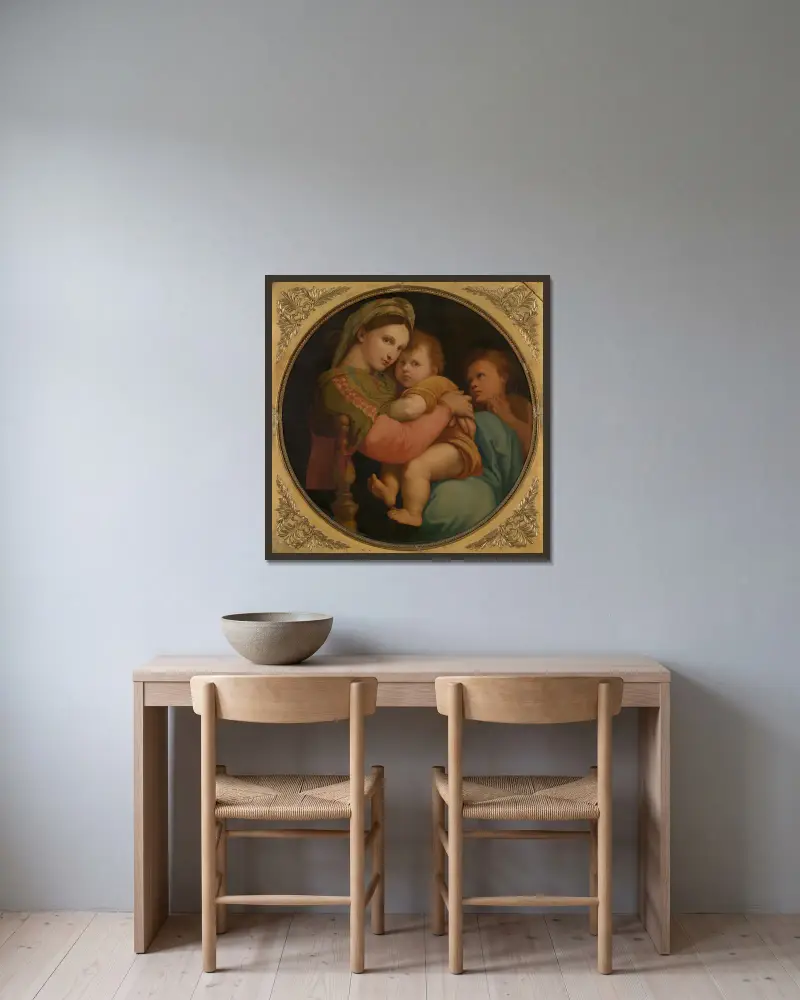 Madonna av Raphael inramad på en vägg