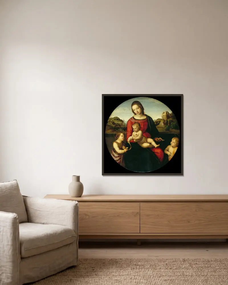Mary with the Child, John the Baptist and a Holy Boy (Madonna Terrranuova) av Raphael inramad på en vägg