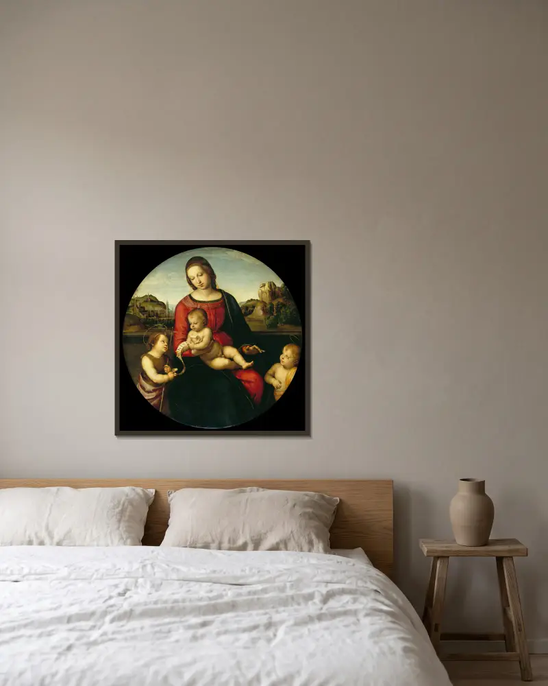 Mary with the Child, John the Baptist and a Holy Boy (Madonna Terrranuova) av Raphael inramad på en vägg