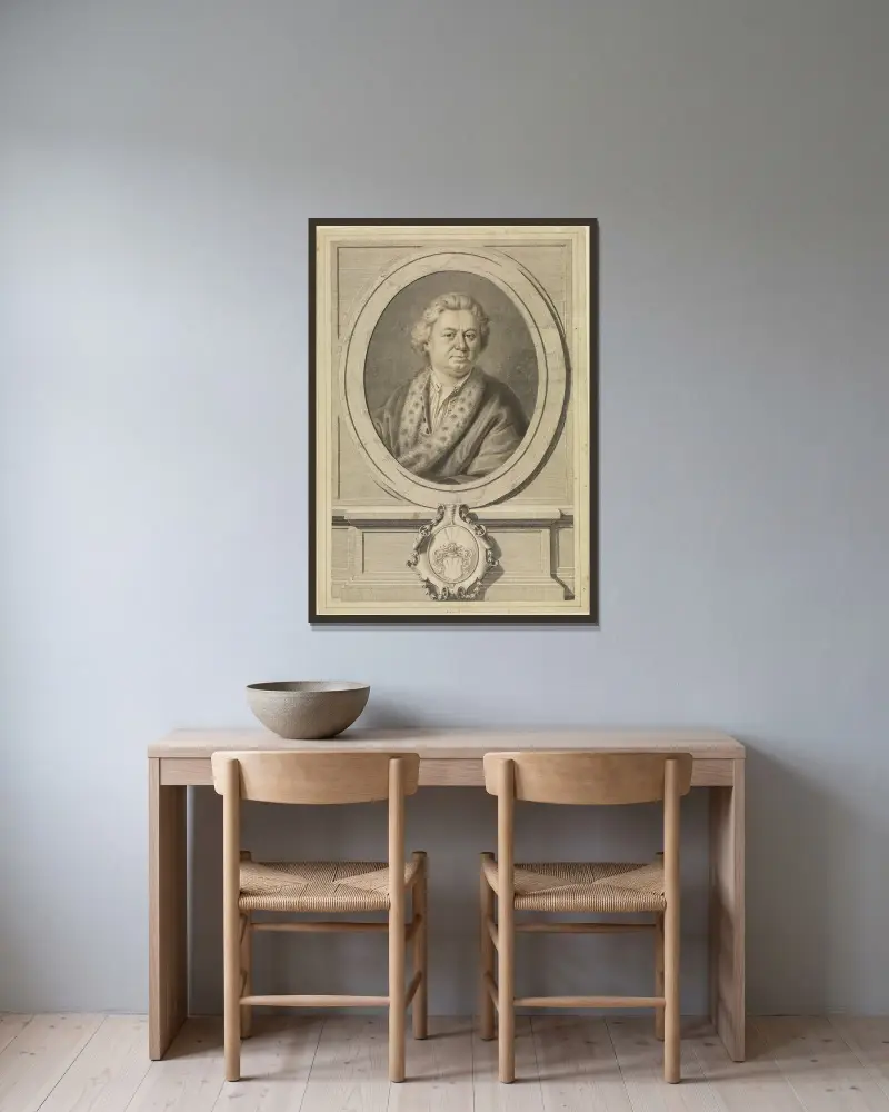 Bildnis eines älteren Herrn (Vorlage für einen Kupferstich) av Anton Raphael Mengs inramad på en vägg