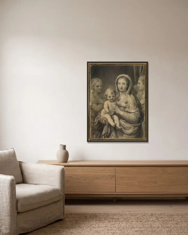 Madonna med barnet och två änglar av Anton Raphael Mengs inramad på en vägg