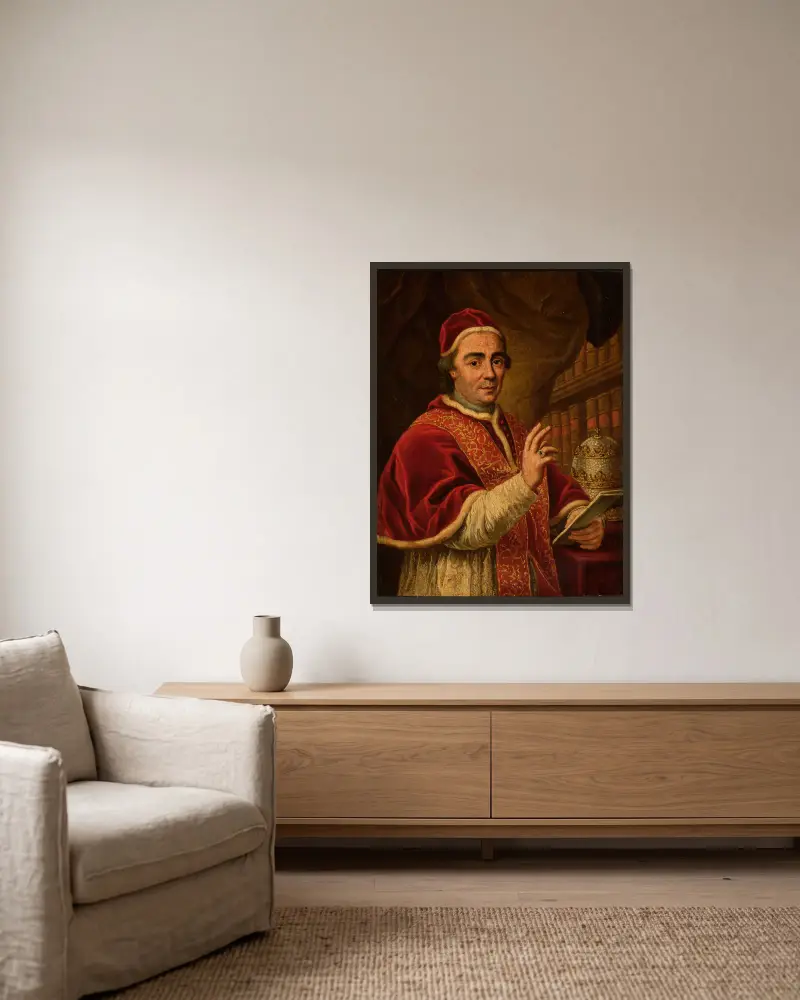 Porträtt av påve Clemens XIII – nr 1 av Anton Raphael Mengs inramad på en vägg