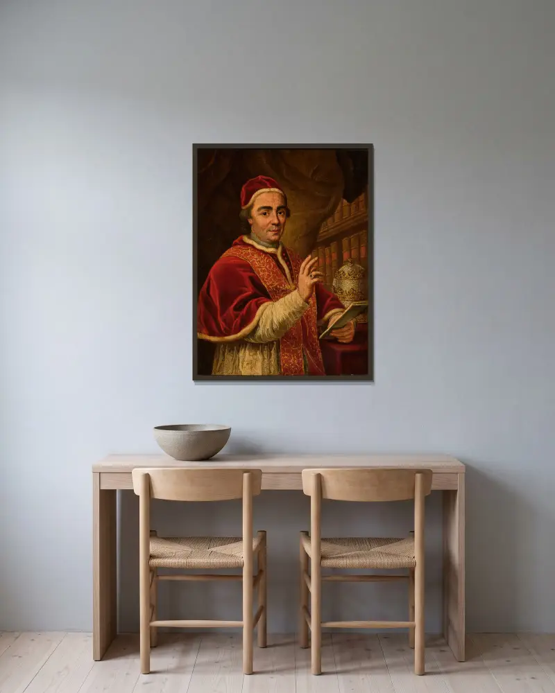 Porträtt av påve Clemens XIII – nr 1 av Anton Raphael Mengs inramad på en vägg