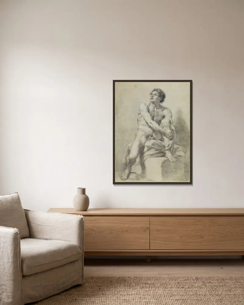Sitzender männlicher Akt, etwa frontal, das linke Bein hochgestellt und mit beiden Händen gehalten von Anton Raphael Mengs gerahmt an einer Wand