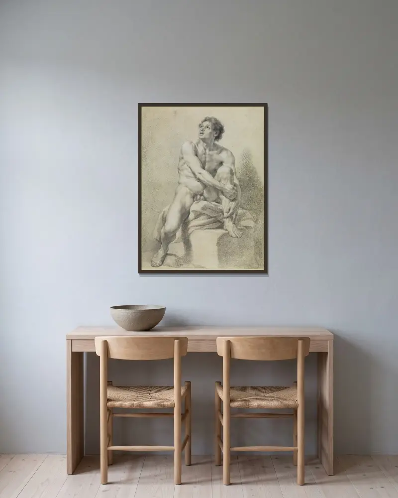 Sitzender männlicher Akt, etwa frontal, das linke Bein hochgestellt und mit beiden Händen gehalten von Anton Raphael Mengs gerahmt an einer Wand