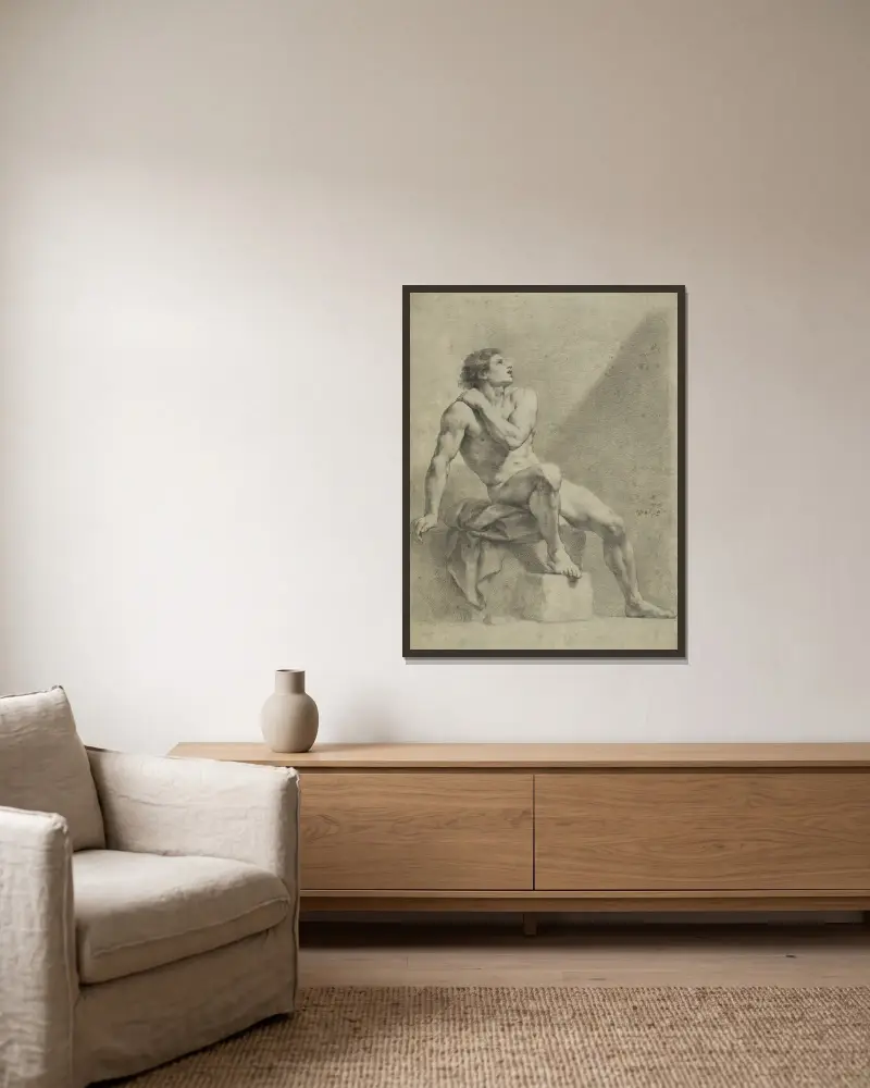 Sitzender männlicher Akt, schräg nach rechts, aufschauend von Anton Raphael Mengs gerahmt an einer Wand