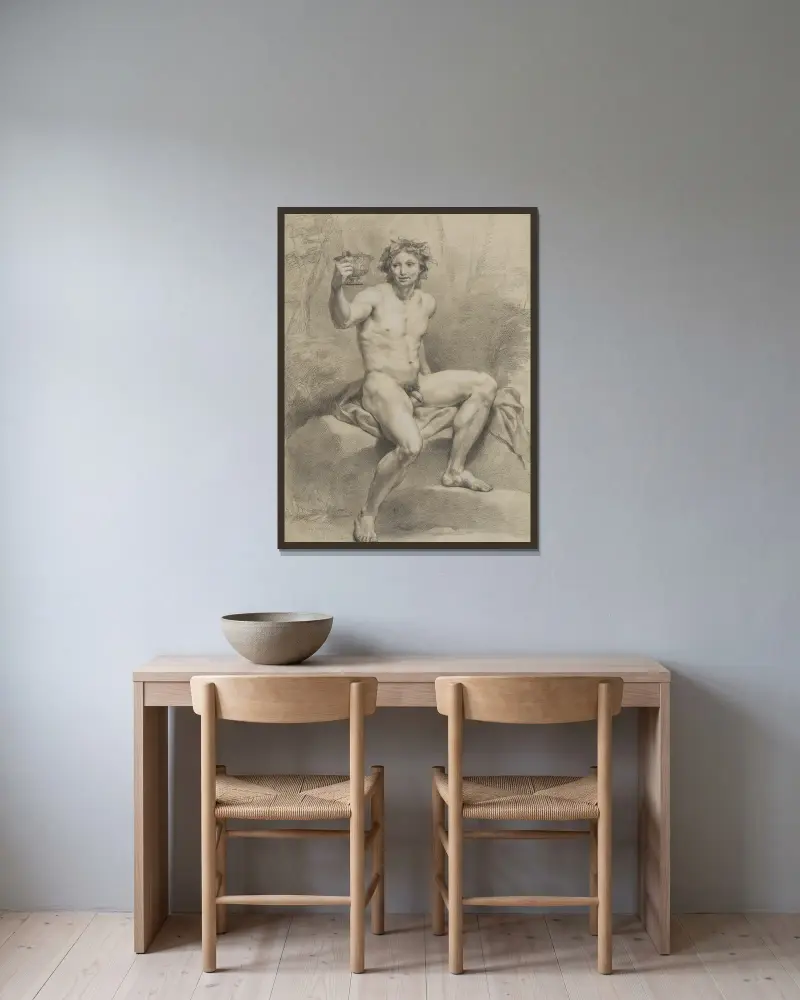 Sittande manlig akt, snett åt höger, med vinlövskrans och dryckesskål i höger hand av Anton Raphael Mengs inramad på en vägg