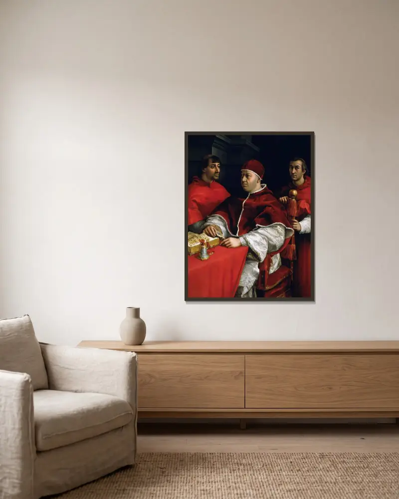 Portrait of Pope Leo X with Cardinals Giulio de’ Medici and Luigi de’ Rossi von Raphael gerahmt an einer Wand